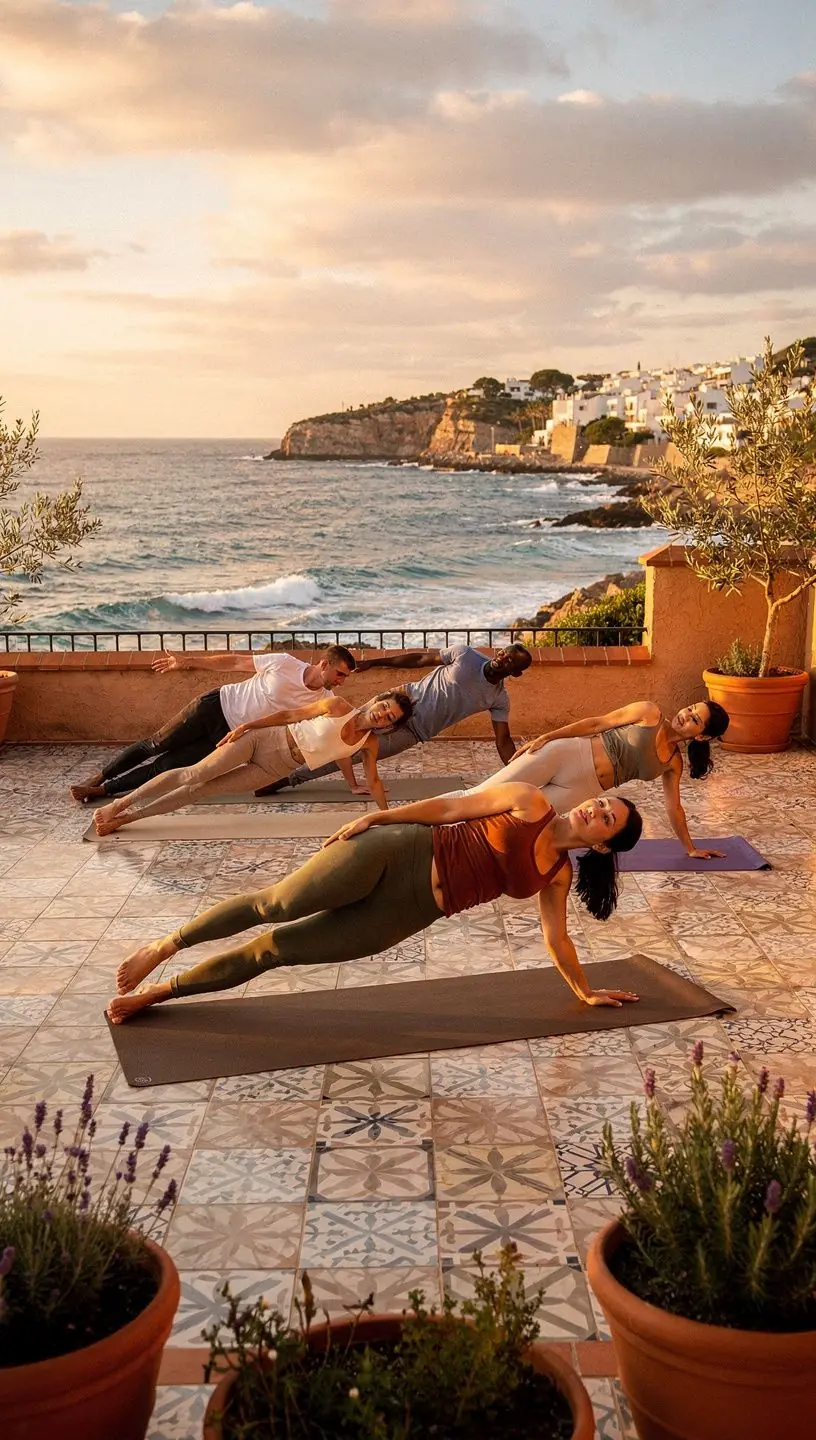 Practicante de yoga realizando una postura de plancha, enfocándose en la fuerza del núcleo.