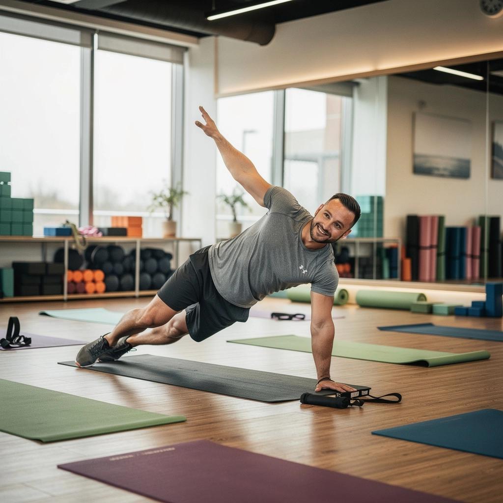 Vista lateral de un yogui en la postura de torsión, enfatizando el fortalecimiento del centro.